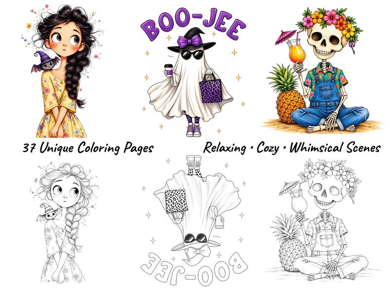 Peut inclure: Une collection num&eacute;rique de 37 pages &agrave; colorier pr&eacute;sentant trois personnages distincts : une fille avec une tresse et une chauve-souris, un fant&ocirc;me avec des lunettes et un sac l&eacute;opard violet marqu&eacute; BOO-JEE, et un squelette avec une couronne de fleurs.