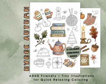 Hygge Autumn Coloring Pages Mini Fall Coloring Book for Adults ADHD-Friendly Printable PDF Tiny Autumn Illustrations Stress Relief