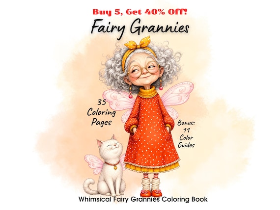 Fairy Grannies & Fairy Cats Coloring Book 35 Whimsical Coloring Pages for Adults Cute Cozy Fantasy Scenes Printable PDF Download