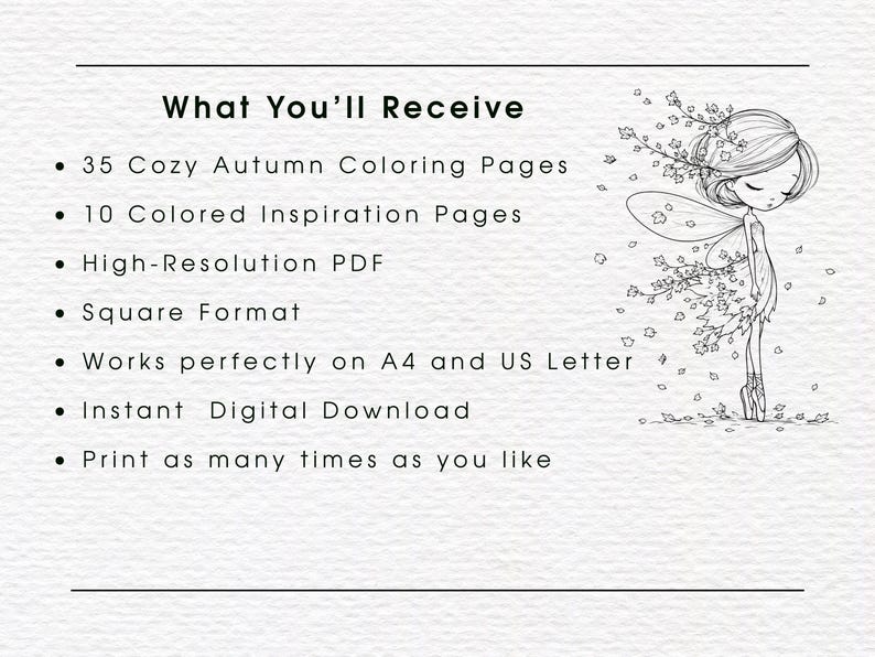 Op de afbeelding: Een digitale download met de tekst What You'll Receive, 35 Cozy Autumn Coloring Pages, 10 Colored Inspiration Pages, High-Resolution PDF, Square Format, geschikt voor A4 en US Letter, en een zwart-witte lijntekening van een elfje.