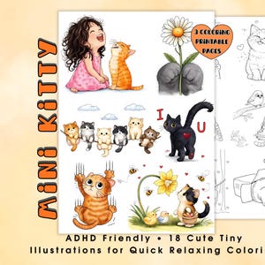 Op de afbeelding: Printbare kleurplaten met illustraties van schattige katten. De pagina's bevatten afbeeldingen van katten met een meisje, katten op een waslijn en een zwarte kat met een hart. De tekst op de afbeelding luidt "MINI KITTY" en "ADHD Friendly".