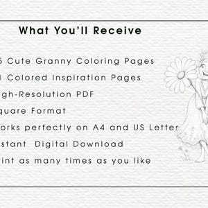 May include: A digital coloring book set featuring 35 granny coloring pages and 11 colored inspiration pages in a high-resolution PDF square format. The text reads: What You'll Receive, 35 Cute Granny Coloring Pages, 11 Colored Inspiration Pages, High-Resolution PDF, Square Format, Works perfectly on A4 and US Letter, Instant Digital Download, Print as many times as you like. A line drawing of a fairy holding a flower is on the right.