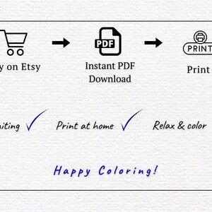 May include: A digital instruction graphic featuring black icons and text. The sequence shows a shopping cart labeled Buy on Etsy, a PDF document icon labeled Instant PDF Download, and a printer icon labeled Print. Below are the phrases No waiting, Print at home, and Relax & color, each followed by a blue checkmark, ending with the text Happy Coloring!