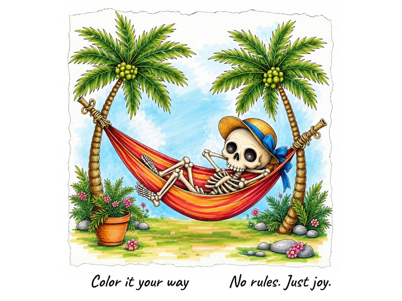 Peut inclure: Une illustration color&eacute;e d'un squelette portant un chapeau de paille avec un ruban bleu, se relaxant dans un hamac rouge et orange entre deux palmiers. Sous l'image, le texte indique : Color it your way. No rules. Just joy.