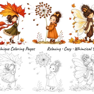 Op de afbeelding: Een verzameling van 35 kleurplaten met illustraties van personages in herfstachtige omgevingen. De bovenste rij toont ingekleurde versies, terwijl de onderste rij zwart-wit lijntekeningen bevat. De tekst luidt 35 Unique Coloring Pages Relaxing Cozy Whimsical Scenes.