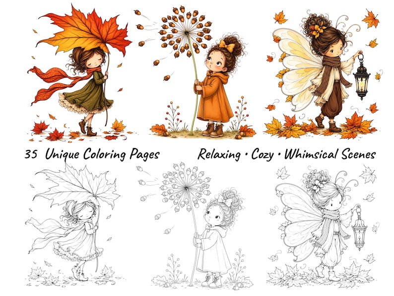 Op de afbeelding: Een verzameling van 35 kleurplaten met illustraties van personages in herfstachtige omgevingen. De bovenste rij toont ingekleurde versies, terwijl de onderste rij zwart-wit lijntekeningen bevat. De tekst luidt 35 Unique Coloring Pages Relaxing Cozy Whimsical Scenes.