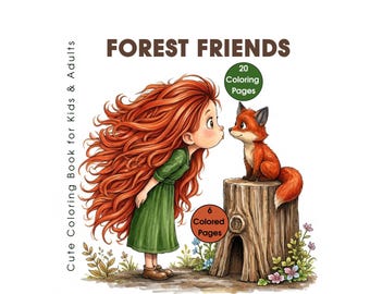 Forest Friends Coloring Book for Kids & Adults, 20 Cozy Relaxing Pages, Cute Children and Woodland Animals, Printable PDF Coloring Pages