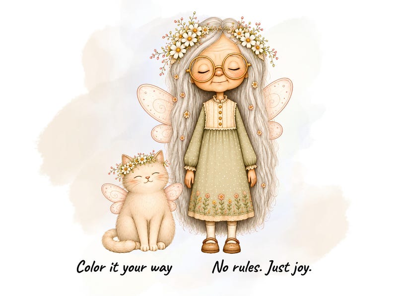 May include: An illustration of an elderly person with long white hair, wearing round glasses, a floral crown, and a light green dress with fairy wings. Beside them sits a cat with fairy wings and a floral crown. Text reads: Color it your way. No rules. Just joy.