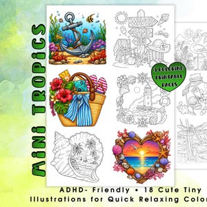 May include: A collection of coloring pages with a tropical theme. The pages feature illustrations of an anchor, a beach scene, a seashell, a lighthouse, and a heart-shaped frame with a sunset. Text on the pages reads "Mini Tropics" and "ADHD-Friendly".