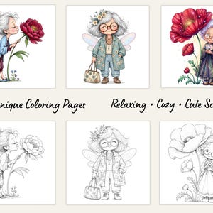May include: A collection of 35 coloring pages featuring illustrations of elderly fairy characters with flowers. The set includes both colored examples and black and white line art versions. The text 35 Unique Coloring Pages Relaxing Cozy Cute Scenes is displayed in the center of the image.
