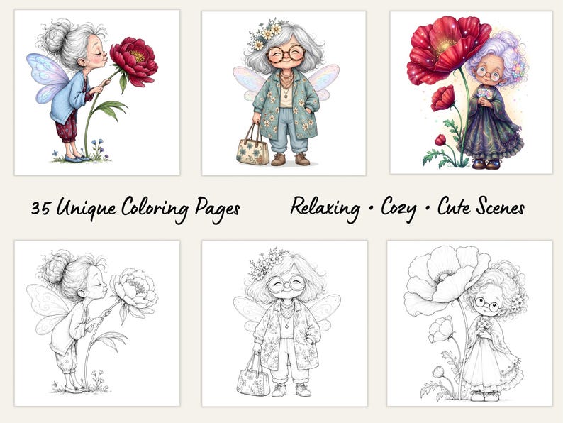 May include: A collection of 35 coloring pages featuring illustrations of elderly fairy characters with flowers. The set includes both colored examples and black and white line art versions. The text 35 Unique Coloring Pages Relaxing Cozy Cute Scenes is displayed in the center of the image.
