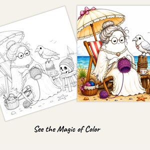 Peut inclure: Une page de coloriage pr&eacute;sentant une comparaison c&ocirc;te &agrave; c&ocirc;te d'un dessin au trait noir et blanc et d'une version en couleur. L'image montre un personnage tricotant sur une plage sous un parasol, avec un oiseau et un cr&acirc;ne. Le texte indique : See the Magic of Color.
