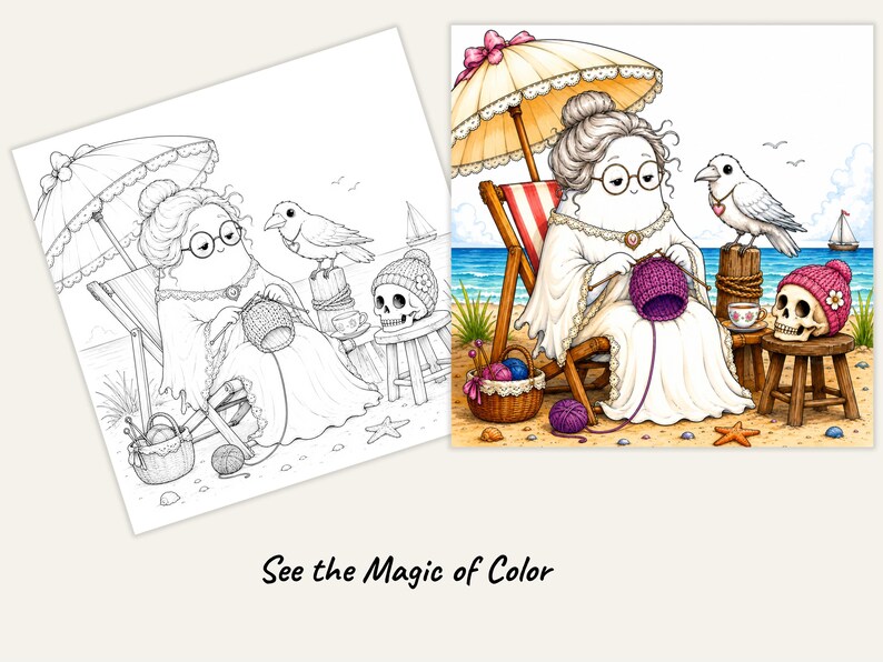 Peut inclure: Une page de coloriage pr&eacute;sentant une comparaison c&ocirc;te &agrave; c&ocirc;te d'un dessin au trait noir et blanc et d'une version en couleur. L'image montre un personnage tricotant sur une plage sous un parasol, avec un oiseau et un cr&acirc;ne. Le texte indique : See the Magic of Color.