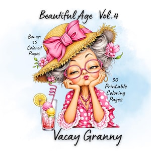 Może przedstawiać: Cyfrowa ilustracja zatytułowana Beautiful Age Vol. 4 Vacay Granny przedstawiająca starszą postać z siwymi włosami, w różowych okularach i słomkowym kapeluszu z różową kokardą. Postać ma na sobie różową koszulę w kropki i trzyma napój z cytryną.