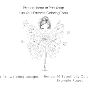 Op de afbeelding: Een zwart-wit lijntekening van een fee met bladvormige vleugels en een jurk gemaakt van bladeren. De tekst luidt: Print at Home or Print Shop, Use Your Favorite Coloring Tools, 35 Cute Fall Coloring Designs, Bonus: 10 Beautifully Colored Example Pages.