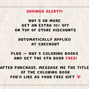 May include: Text on a cream-colored background reads "SAVINGS ALERT!!!" followed by details about discounts on coloring books. The text includes information about getting an extra 10% off and a free book.