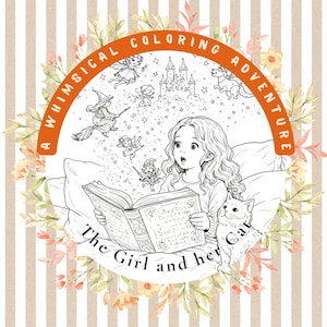 Magical Coloring Pages – Girl and Her Cat | Cozy Story Coloring Book | Printable Black & White Illustrations image 1