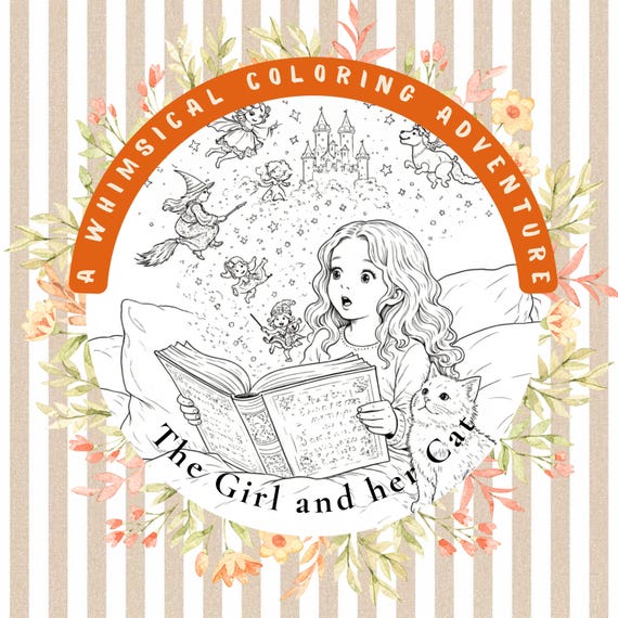 Magical Coloring Pages – Girl and Her Cat | Cozy Story Coloring Book | Printable Black & White Illustrations