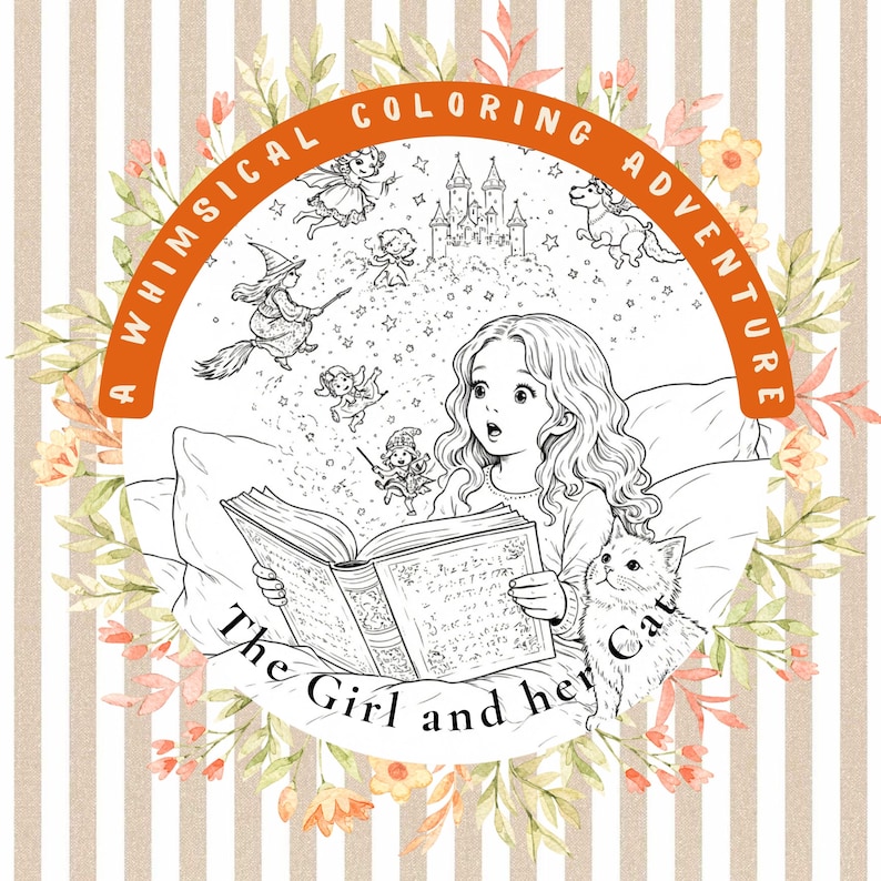 Magical Coloring Pages – Girl and Her Cat | Cozy Story Coloring Book | Printable Black & White Illustrations image 1