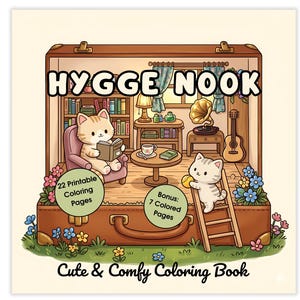 May include: An illustration of a brown suitcase with a cozy interior scene. The text "HYGGE NOOK" is at the top. Inside, two cartoon cats are in a room with a bookshelf, gramophone, and guitar. The text "Cute & Comfy Coloring Book" is at the bottom.