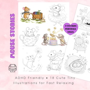 ADHD-Friendly Tiny Coloring Pages | 18 Mini Mouse Illustrations | Quick Relaxing Coloring | Cozy Printable Coloring Pages | For Adults