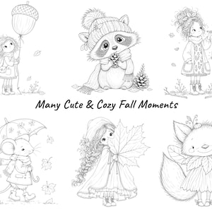 Op de afbeelding: Een verzameling van zes zwart-wit lijntekeningen met personages en herfstthema's met de tekst Many Cute & Cozy Fall Moments. De tekeningen bevatten een kind met een eikelballon, een wasbeer, een kind met een lantaarn, een muis met een paraplu, een kind dat een blad vasthoudt en een vossenfiguur.