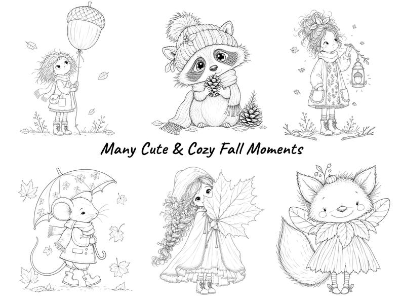 Op de afbeelding: Een verzameling van zes zwart-wit lijntekeningen met personages en herfstthema's met de tekst Many Cute & Cozy Fall Moments. De tekeningen bevatten een kind met een eikelballon, een wasbeer, een kind met een lantaarn, een muis met een paraplu, een kind dat een blad vasthoudt en een vossenfiguur.