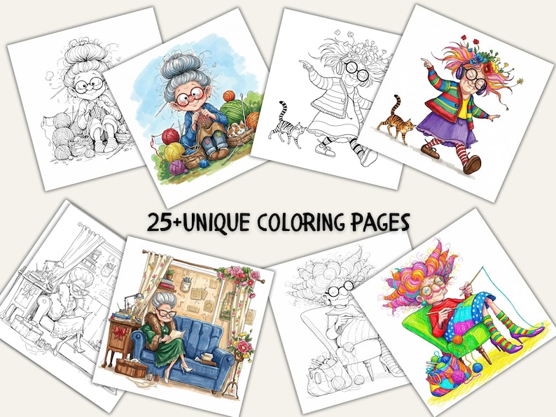 May include: A collection of coloring pages featuring whimsical illustrations of an elderly woman engaged in various activities, including knitting and reading. The pages are in both color and black and white, with the text "25+ UNIQUE COLORING PAGES" displayed prominently.
