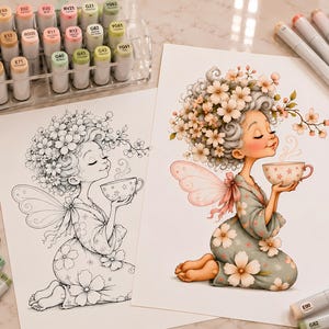 May include: A coloring page featuring a fairy with floral hair holding a teacup, alongside a fully colored version of the same illustration. A clear plastic organizer holds numerous markers, with additional markers scattered around the paper sheets.