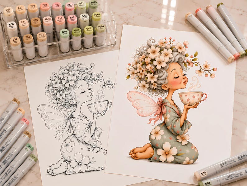 May include: A coloring page featuring a fairy with floral hair holding a teacup, alongside a fully colored version of the same illustration. A clear plastic organizer holds numerous markers, with additional markers scattered around the paper sheets.