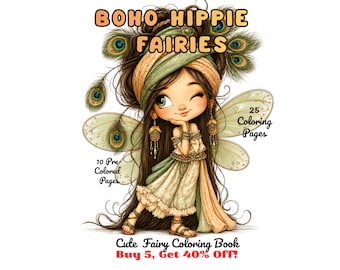 Boho hippie feeën kleurboek voor volwassenen en kinderen, 25 afdrukbare schattige feeën kleurplaten, 10 voorgekleurde bonuspagina's, direct downloaden