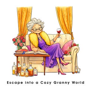 May include: Illustration of a woman in a purple dress, seated on a cream-colored sofa, holding a glass of red wine. She wears a yellow fur stole and glasses. The image includes a table with books and bottles, and the text "Escape into a Cozy Granny World."