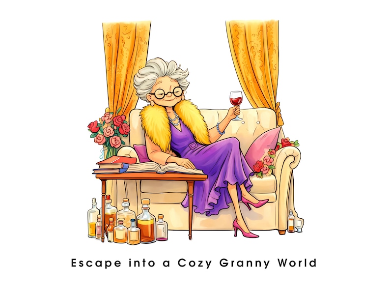 May include: Illustration of a woman in a purple dress, seated on a cream-colored sofa, holding a glass of red wine. She wears a yellow fur stole and glasses. The image includes a table with books and bottles, and the text "Escape into a Cozy Granny World."