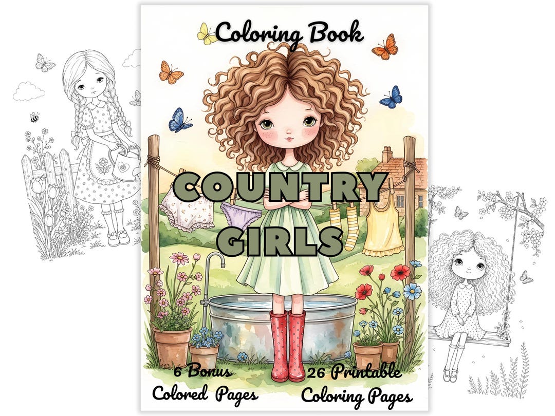 Country Girls Coloring Book, 26 Cottagecore Printable Pages, 6 Colored ...
