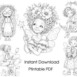 May include: A black and white digital illustration featuring five distinct fairy characters with floral elements, wings, and cats. The artwork includes the text Instant Download and Ptintable PDF. Each character is rendered in a detailed line art style.