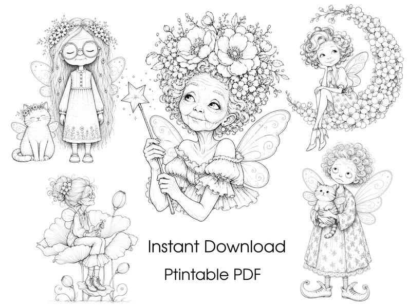 May include: A black and white digital illustration featuring five distinct fairy characters with floral elements, wings, and cats. The artwork includes the text Instant Download and Ptintable PDF. Each character is rendered in a detailed line art style.