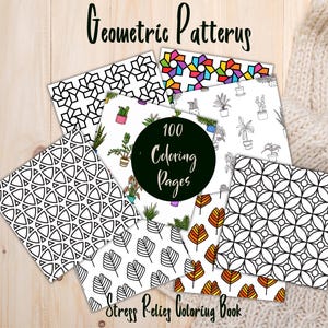 May include: A collection of coloring pages featuring geometric patterns, plant illustrations, and leaf designs. The central black circular label displays the text 100 Coloring Pages, while the top and bottom text reads Geometric Patterns and Stress Relief Coloring Book.