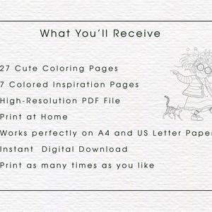 May include: White background with the text "What You'll Receive" and bullet points listing the contents of a digital download. Includes 27 coloring pages, 7 inspiration pages, and a high-resolution PDF file. Also mentions instant download and print at home.