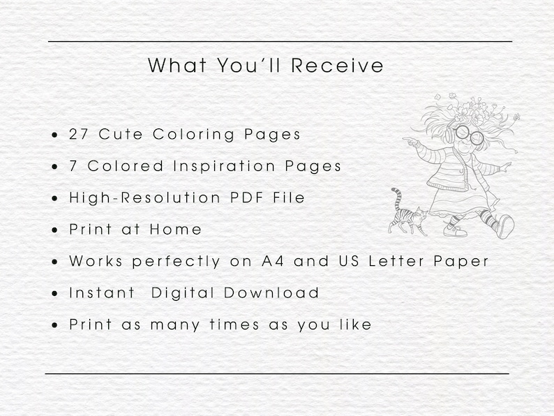 May include: White background with the text "What You'll Receive" and bullet points listing the contents of a digital download. Includes 27 coloring pages, 7 inspiration pages, and a high-resolution PDF file. Also mentions instant download and print at home.