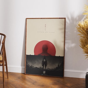 Könnte beinhalten: Ein rechteckiges Poster in einem dunklen Holzrahmen mit einer grafischen Illustration einer Silhouette vor einer großen roten Sonne und einem riesigen Titanenkopf. Der Text Attack on Titan und japanische Schriftzeichen sind abgebildet.