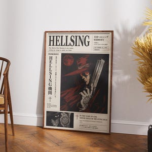 May include: A rectangular Hellsing anime poster featuring a dark illustration of a character in a red hat holding a large handgun. The print includes bold black text, Japanese characters, and the phrase The Bird of Hermes is my name, eating my wings to make me tame, set against a cream-colored background with a red moon.