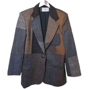 Vtg 1990s Mixed Print Patchwork Wool Blazer Size 11/12 International Scene Artsy