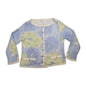 Cardigan/giacca vintage ST JOHN Collection Marie Gray in maglia con bottoni e stampa floreale, anno 2002, taglia 12.