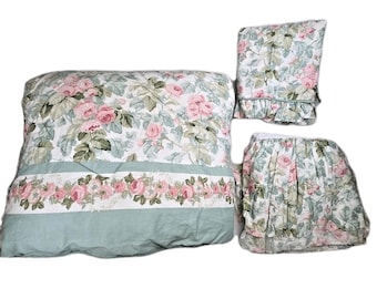 Juego de funda de edredón y volante para cama Laura Ashley Cottage Rose Floral Paisley vintage de los años 80