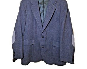Vtg 1980 Pendleton 44L Sports Coat Blue Wool Tweed Shooting Jacket Elbow Patches