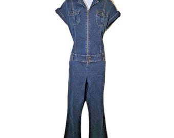 Vtg Y2K Denim Jumpsuit Wide Flare Leg Zip Belted Stretch No Boundaries Junior L