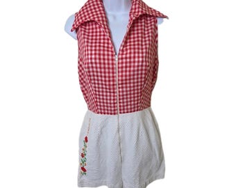 Vintage Gingham Playsuit Romper Embroidered Flowers LOVE Pique Open Back Size S?
