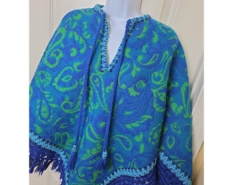 Vtg 60s 70s Tapestry Fringe Poncho Woven Blue Green Paisley Tassel Sweater