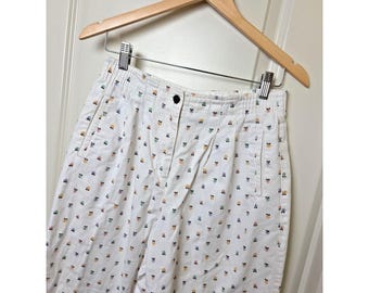 Pantaloni vintage anni '80 RUSS in twill a vita alta con stampa floreale, fibbia posteriore e pieghe stile cottage, taglia 10P