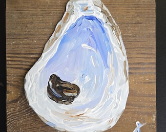 Austernschale - Acrylmalerei auf Hand-geschnittenem Metall auf antikem Tür-Teil aus Kiefernholz Architektonische antike Auster Küstenstrand-See-Dekor